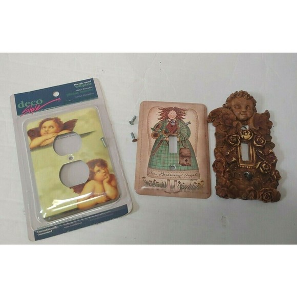 Vtg Angel Light Switch Plate Cover Lot of 3 Cherub Garden 3D Metal - Picture 1 of 4